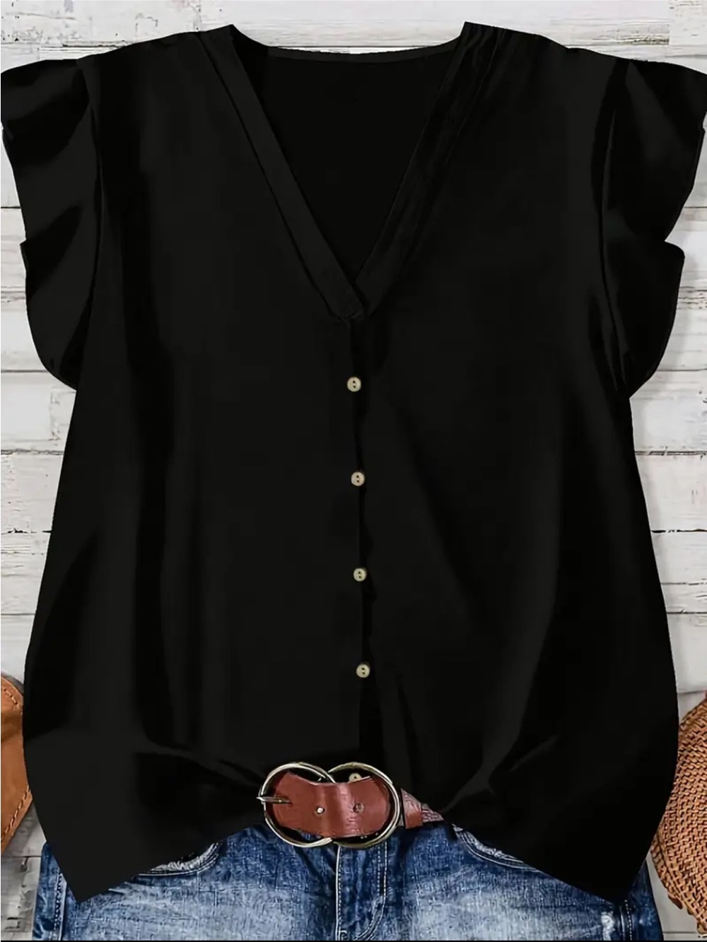 🆕👚🖤 Women's Black V-Neck Button Front Flutter Sleeve Top NWT